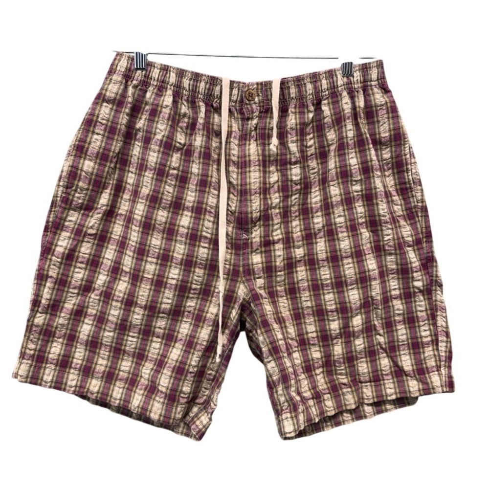 LL Bean Vintage Plaid Cotton Shorts Mens ML Burgundy Tan 0T931 Elastic Waist